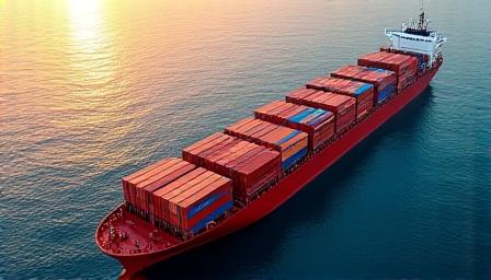 Vast ocean freighter carrying thousands of colorful containers