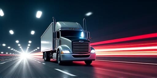 Sleek modern semi-truck on a night highway with light trails