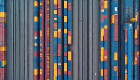 Aerial view of a rail yard with organized shipping containers